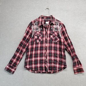 CJ Black Men Button Up‎ Shirt Large Red Plaid Flannel Embroidered Long Sleeve